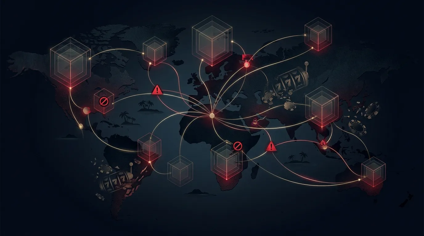 Conceptual illustration of an offshore online-gambling network: nested shell companies and money-flow lines over a shadowy world map with red blacklist markers
